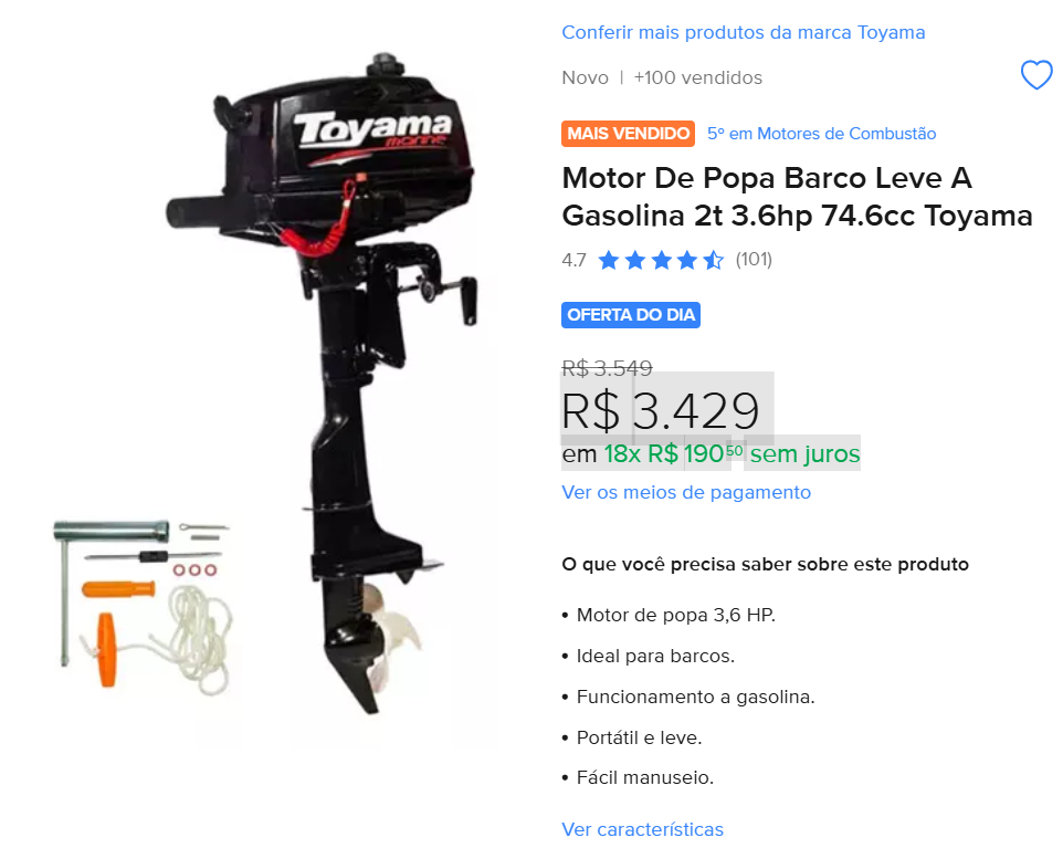 Motor De Popa Barco Leve A Gasolina 2t 3.6hp 74.6cc Toyama