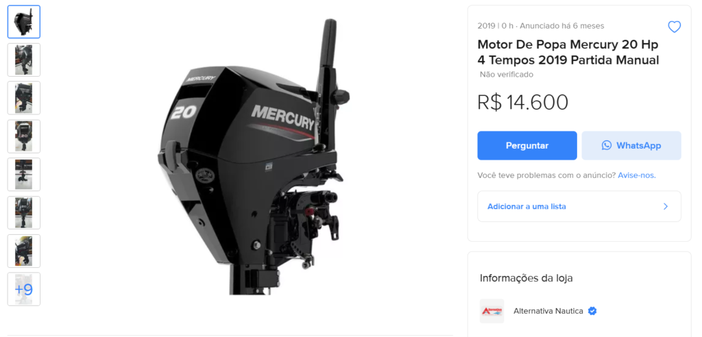 Motor De Popa Mercury 20 Hp 4 Tempos 2019 Partida Manual