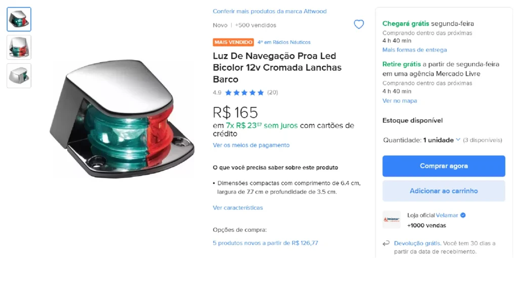 Luz de Navegação de Proa LED Bicolor 12V Cromada