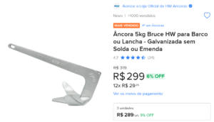 Âncora 5kg Bruce HW para Barco ou Lancha - Galvanizada sem Solda ou Emenda