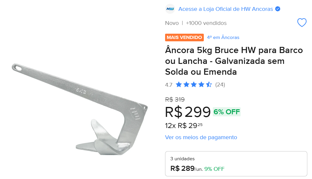 Âncora 5kg Bruce HW para Barco ou Lancha – Galvanizada sem Solda ou Emenda