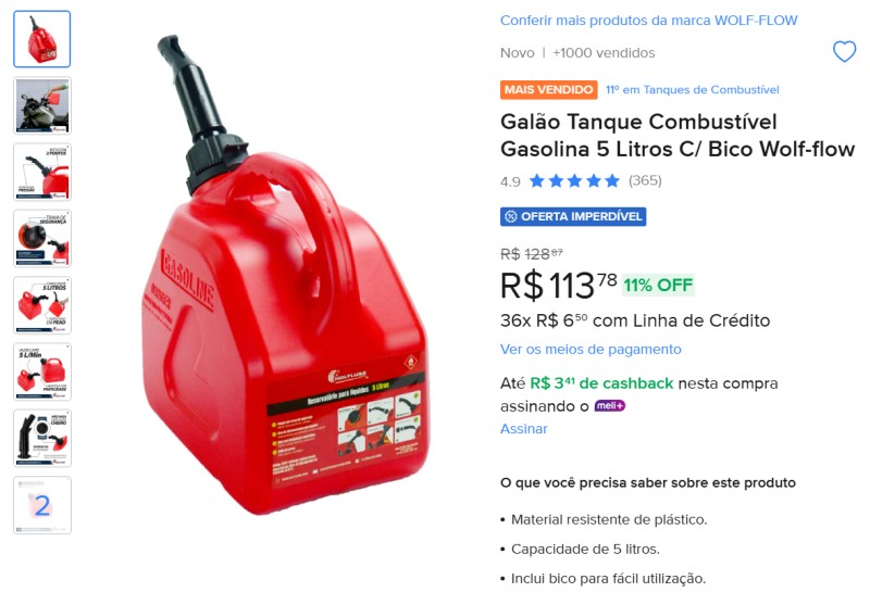 Galão Tanque Combustível Gasolina 5 Litros Com Bico Wolf-flow