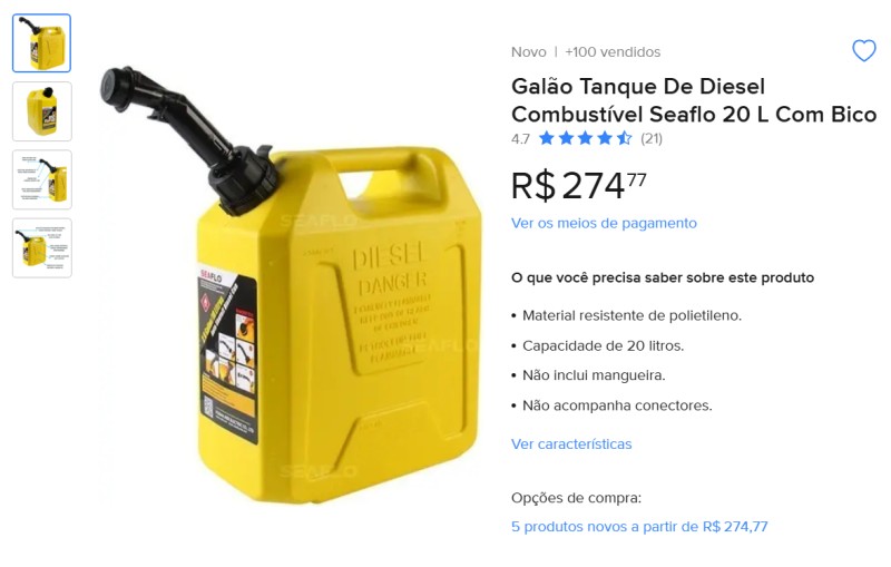 Galão de tanque Diesel de combustível SEAFLO 20 litros com bico