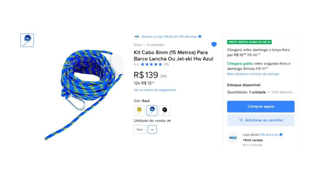 Rolo de cabo náutico azul de 8mm com 15 metros para embarcações