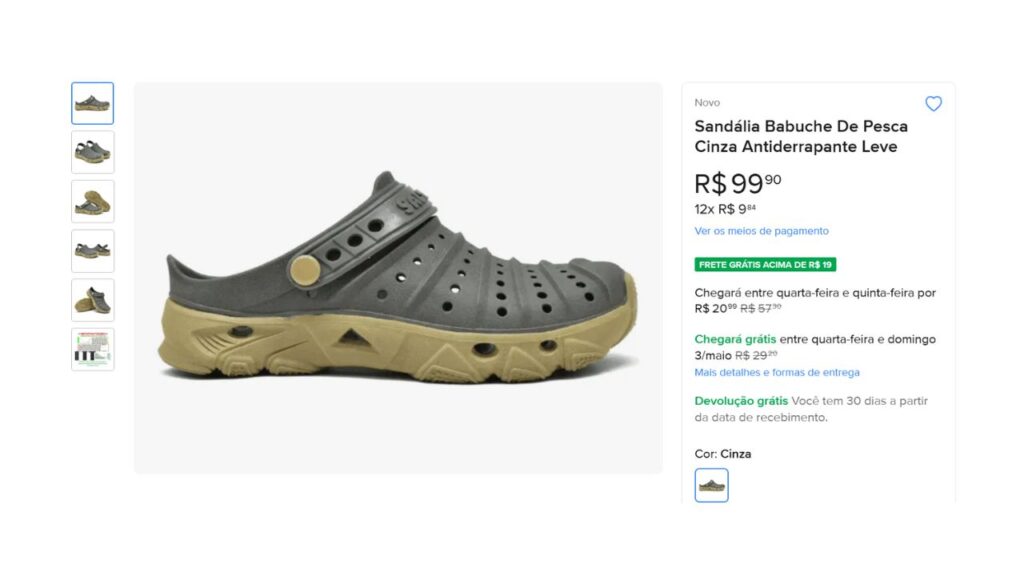 Sandália babuche cinza antiderrapante para uso em barcos