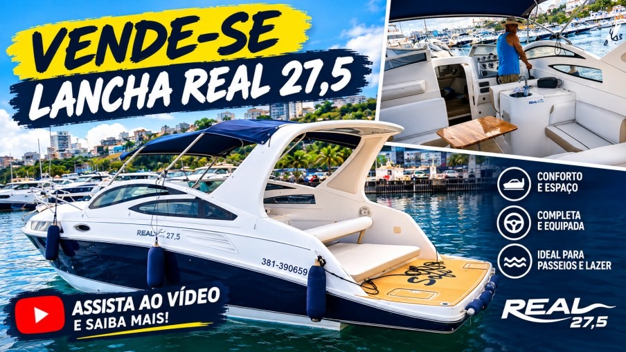 Lancha Real 27,5 à venda vista pela lateral na marina